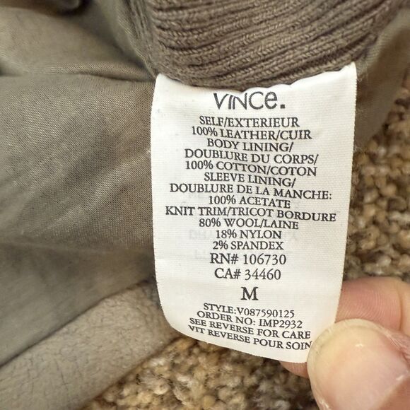 Vince Draped Neutral Tan Moto Leather Jacket Rib Knit Wool Details Size M Zipper - Picture 13 of 13